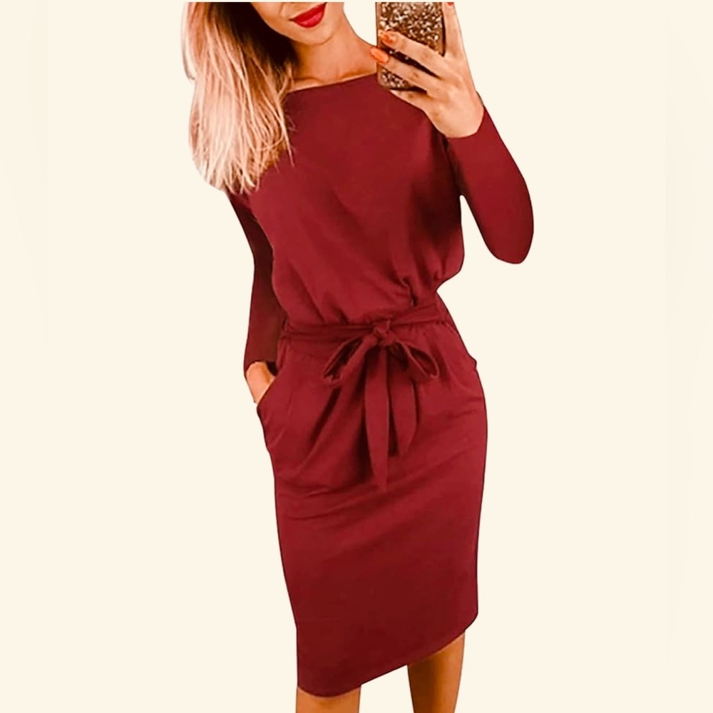 Elegant Burgundy/Maroon Long Sleeve Dress w Adjustable Belt w Front Pockets SzM